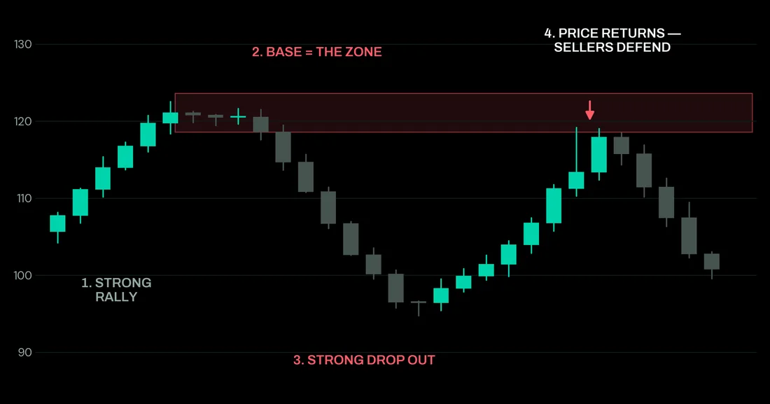 Chart showing a supply zone: a strong rally, a base, a sharp drop out, then price returning to the zone and being defended by sellers.
